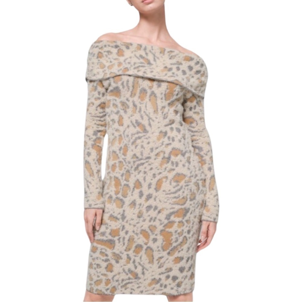 WHITE HOUSE BLACK MARKET Leopard-Print Off Shoulder Cozy Knit Sweater Dress